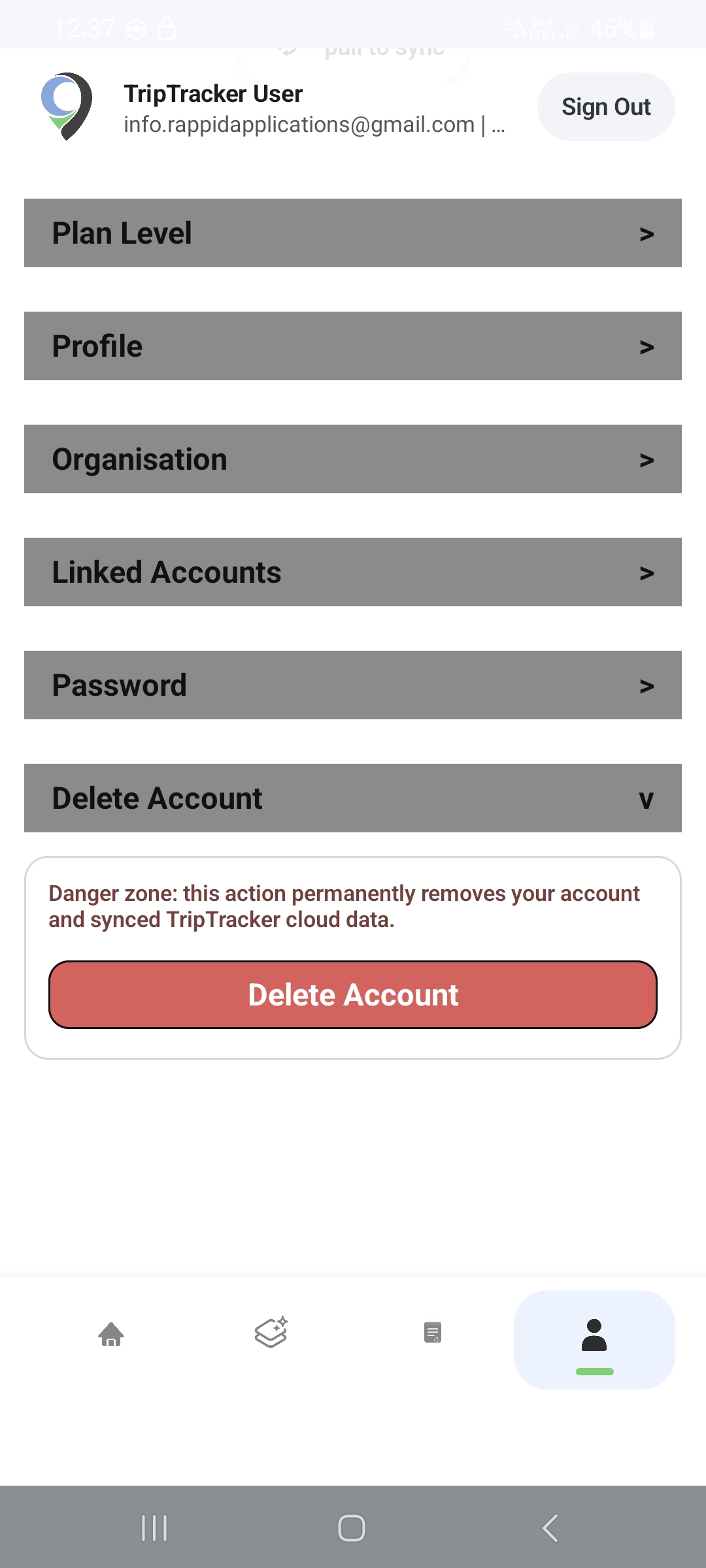 TripTracker Delete Account section in the mobile app