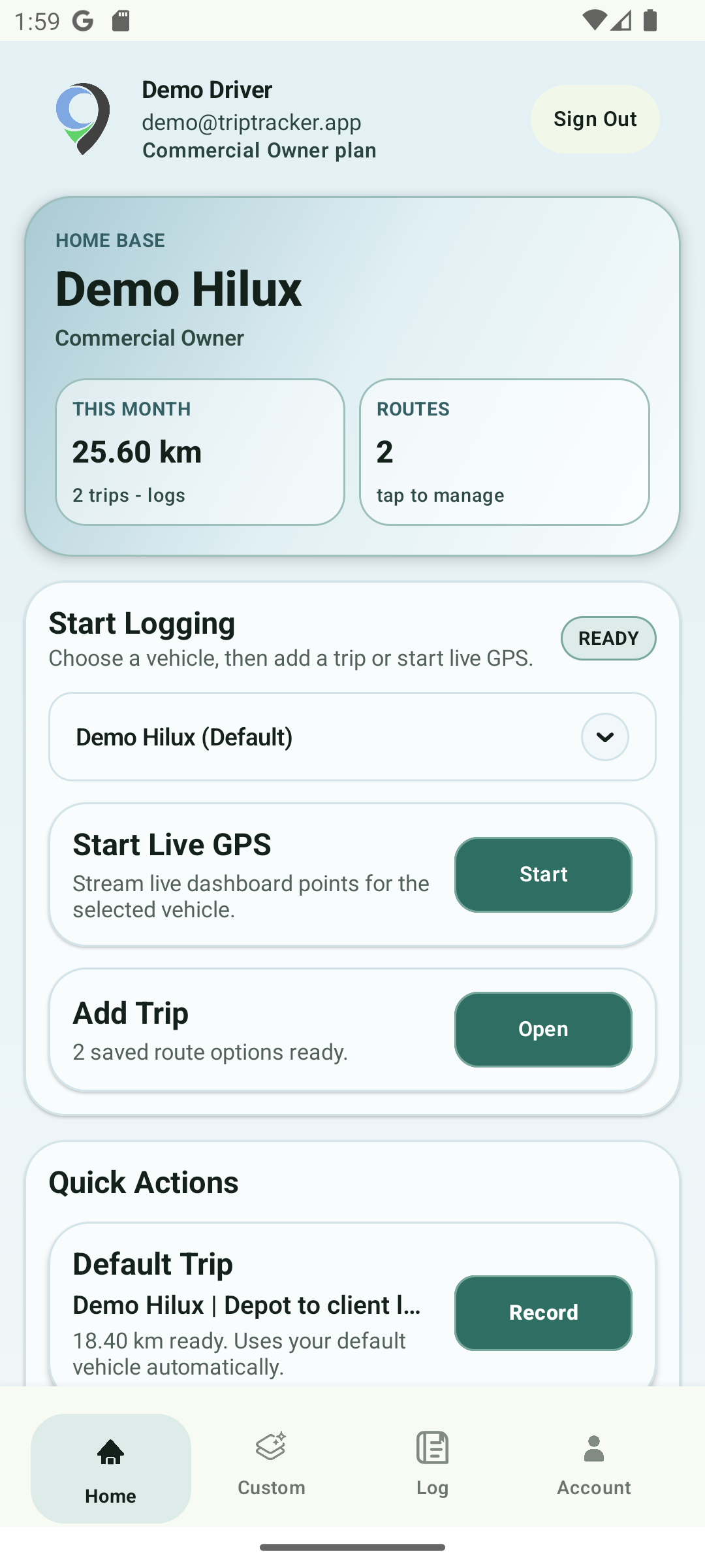 TripTracker demo app home screen