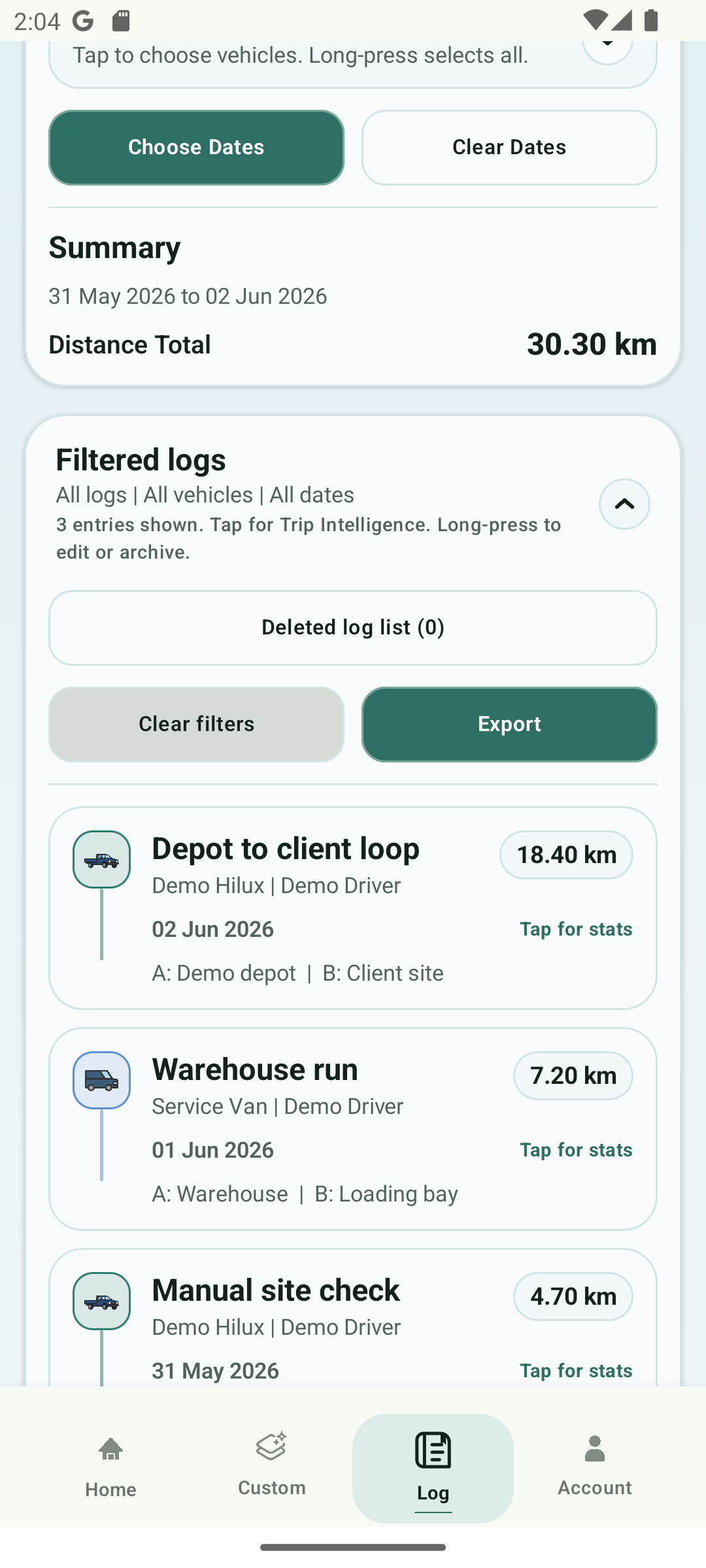TripTracker demo route log and Trip Intelligence screen