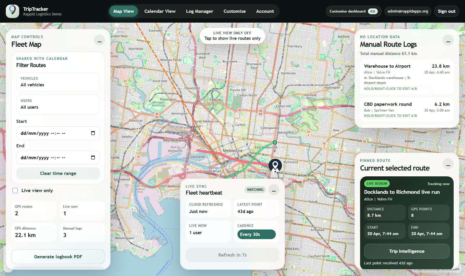 TripTracker demo commercial dashboard map view
